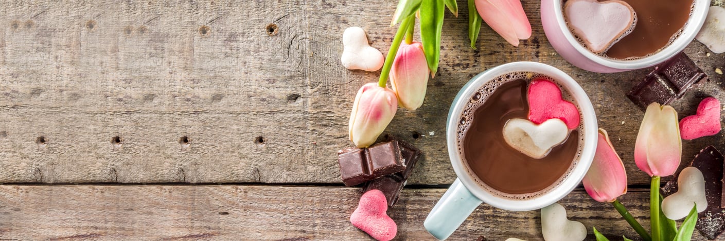 Two Cups of Hot Chocolate Drink with Marshmallow Hearts